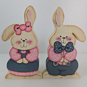 VTG Wood Bunny Couple Shelf Sitters Hand Painted Easter Rabbit Decor Primative
